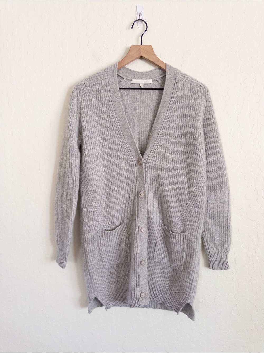 Naked Cashmere Ribbed Knit V-Neck Button Front Patch Pocket Longline Cardigan M